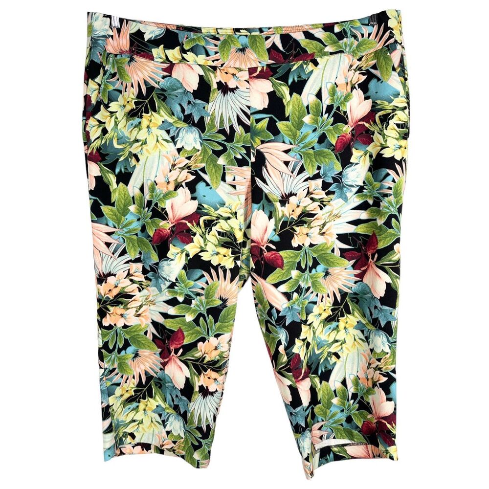 Avenue Plus Size 24 Capri Pants Tropical Print Green Floral High Rise 1523‎